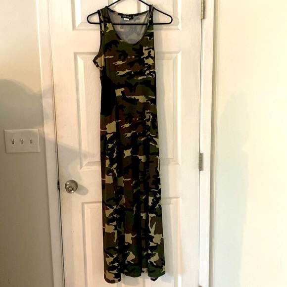 Pat Rego Camo Maxi Dress Size Large Made in USA Stretch Sleeveless - Picture 5 of 13